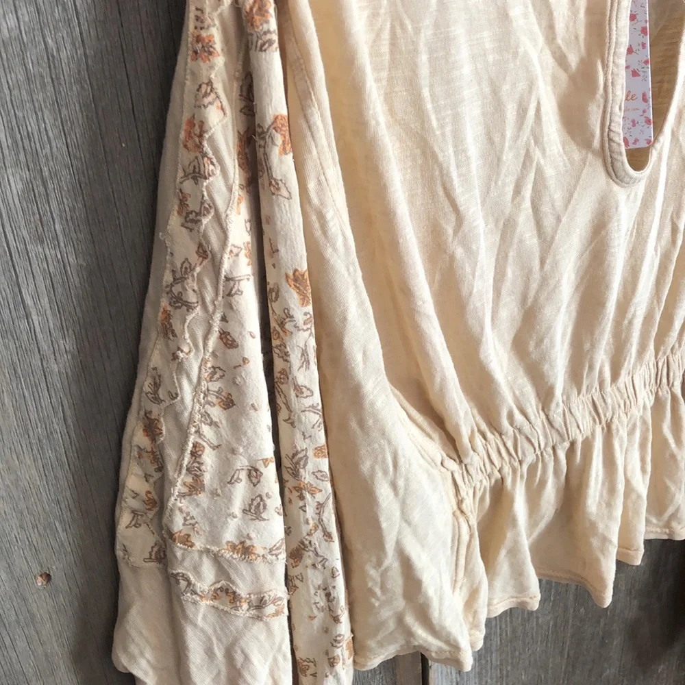 Free People Throwback Embroidered Volume Sleeve Top in Sand Combo Size Medium
